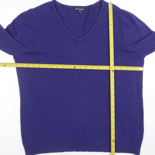 Anne Weyburn Women Purple V-Neck Cotton Cashmere Jumper Size 24