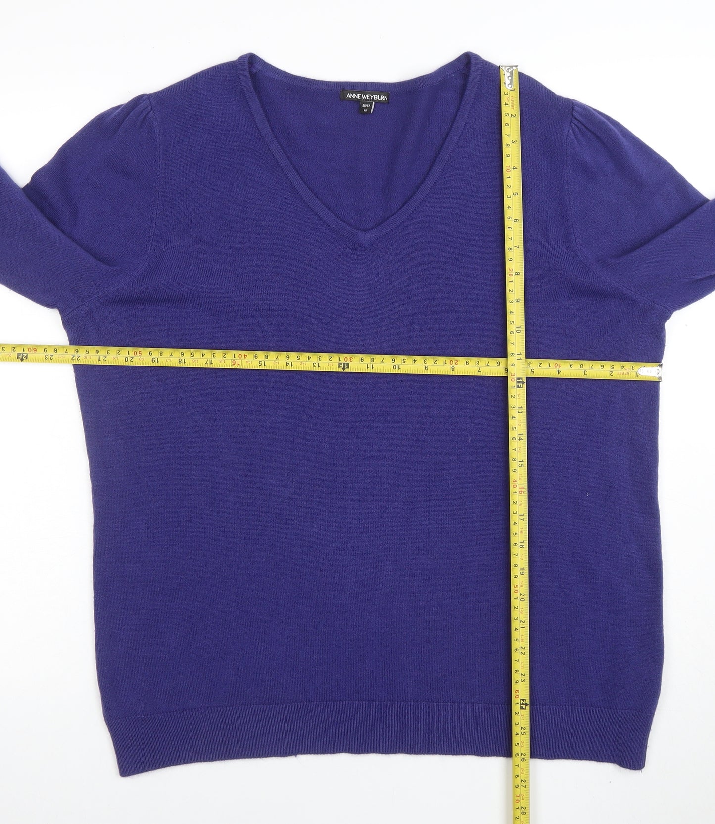 Anne Weyburn Women Purple V-Neck Cotton Cashmere Jumper Size 24