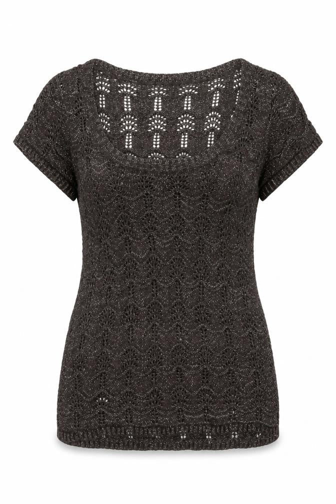 Front view of Soen women’s brown knit short sleeve camisole blouse, size UK 14