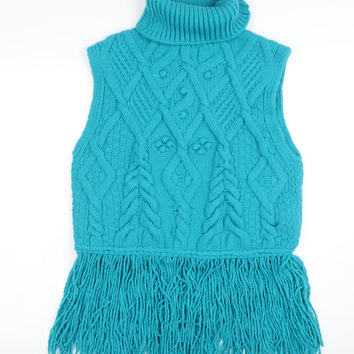 ZARA Women Blue Cable-Knit Roll Neck Sleeveless Fringe Vest M
