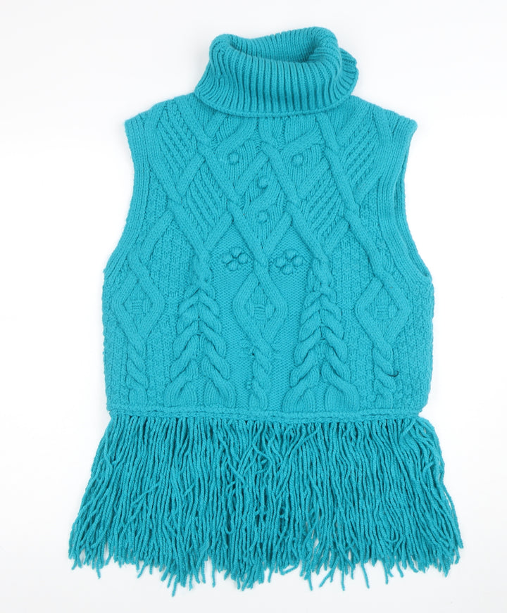 ZARA Women Blue Cable-Knit Roll Neck Sleeveless Fringe Vest M