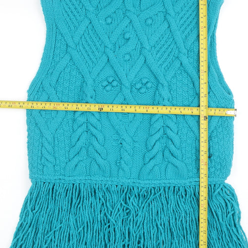 ZARA Women Blue Cable-Knit Roll Neck Sleeveless Fringe Vest M