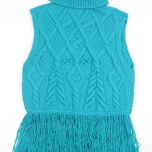 ZARA Women Blue Cable-Knit Roll Neck Sleeveless Fringe Vest M