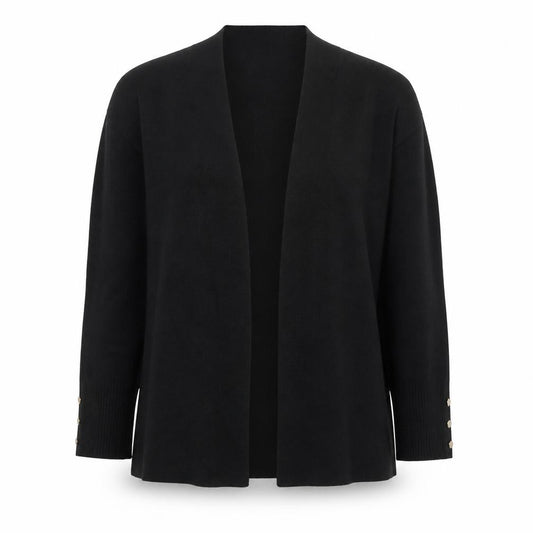 Front view of Cyrus women’s black l lightweight open knit long sleeve cardigan