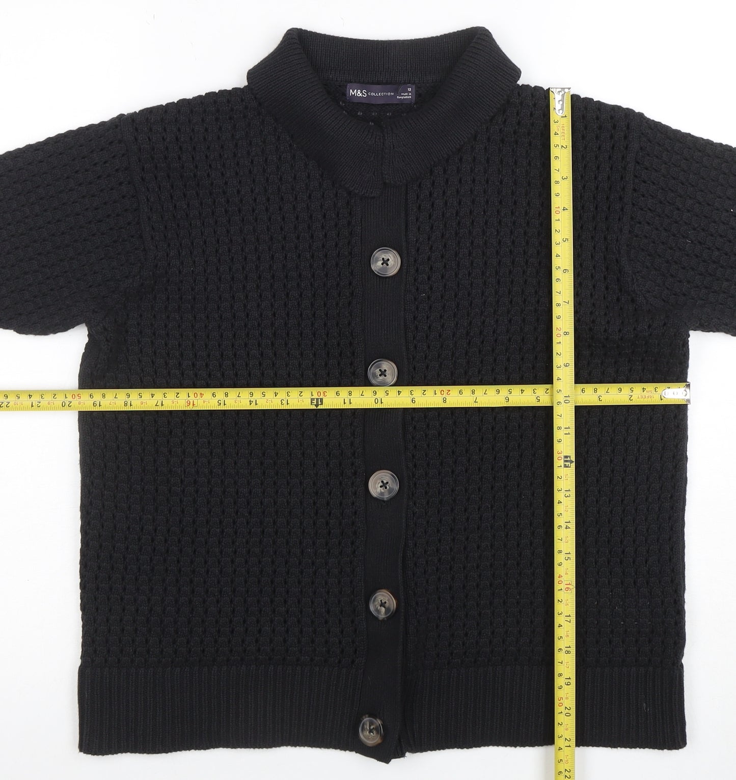 Marks and Spencer Women Black Size 12 Short Sleeve Button Cardigan