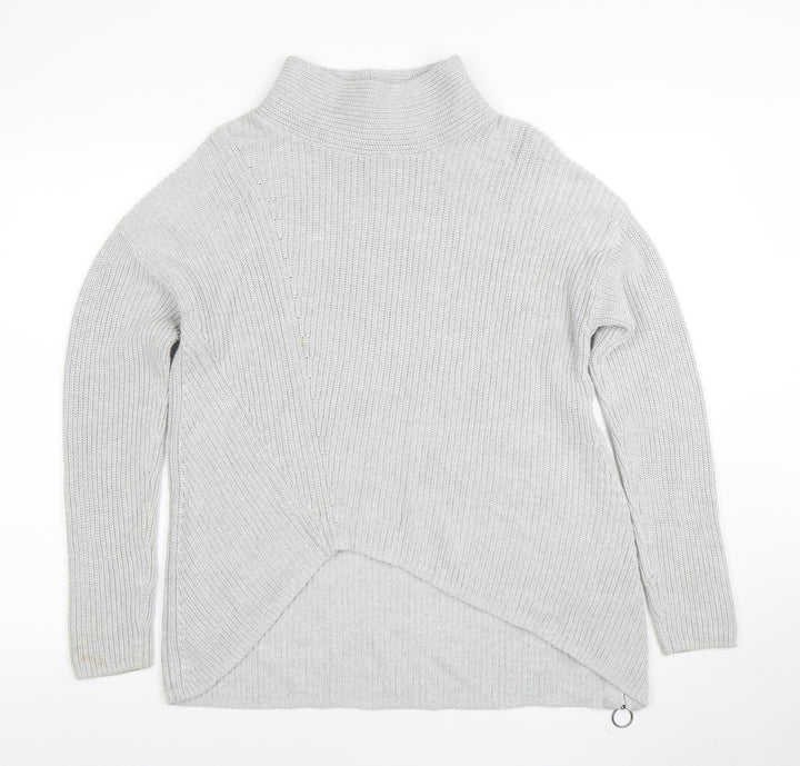Oui Women’s Grey High Neck Cotton Knit Zip Jumper Size S