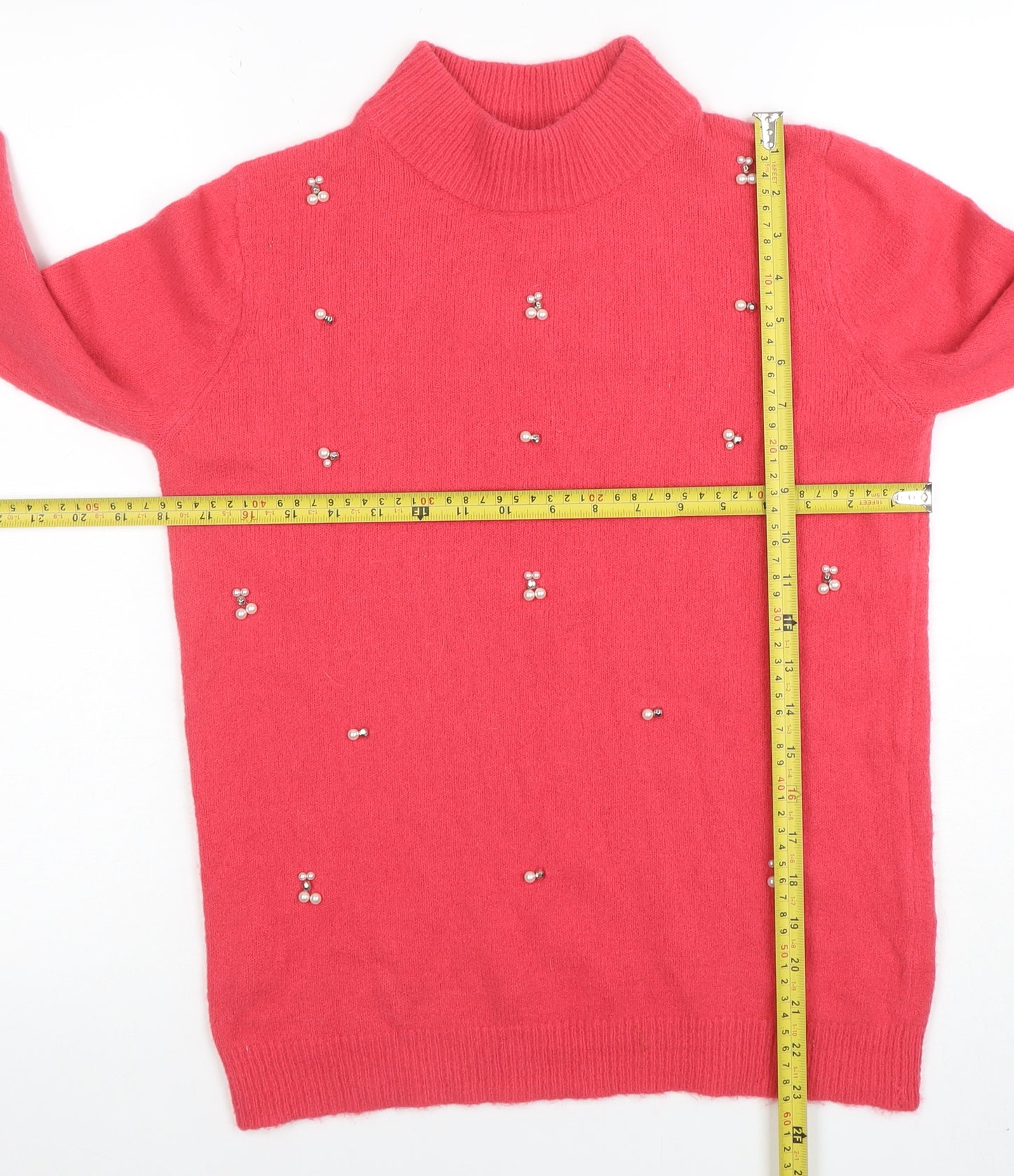 Papaya Women's Pink Beaded Mock Neck Knit Jumper Size S