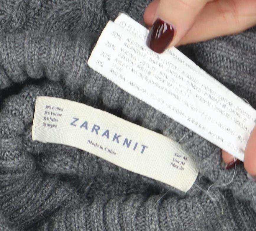 Zara Knit Womens Grey Roll Neck Cable Knit Wool Jumper Size M