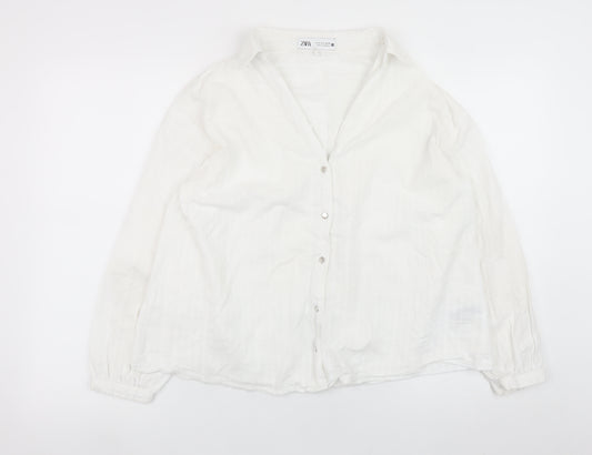 ZARA Women White Cotton Button-Up Shirt Size S Long Sleeve