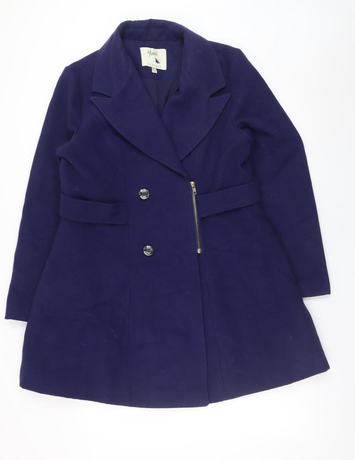 Yumi Women Blue Wool Blend Mid-Length Belted Overcoat UK 14