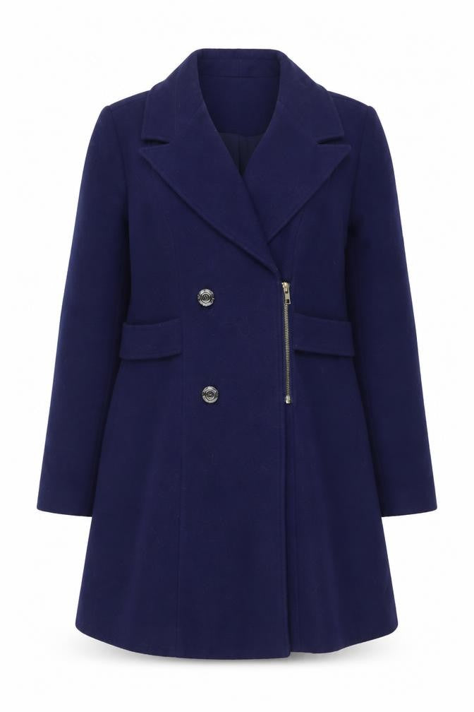 Yumi Women Blue Wool Blend Mid-Length Belted Overcoat UK 14