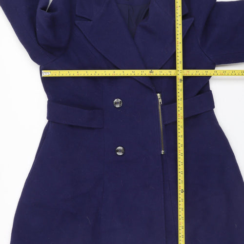 Yumi Women Blue Wool Blend Mid-Length Belted Overcoat UK 14
