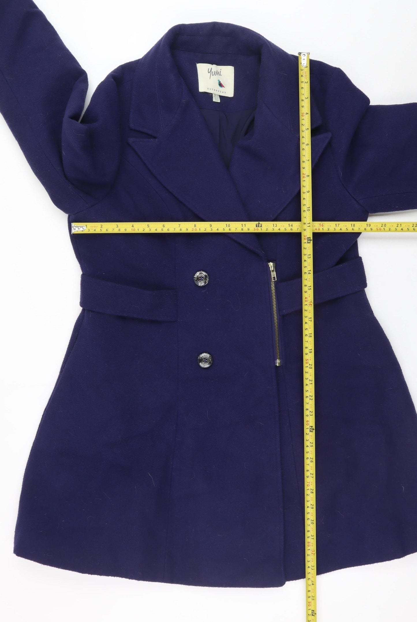 Yumi Women Blue Wool Blend Mid-Length Belted Overcoat UK 14