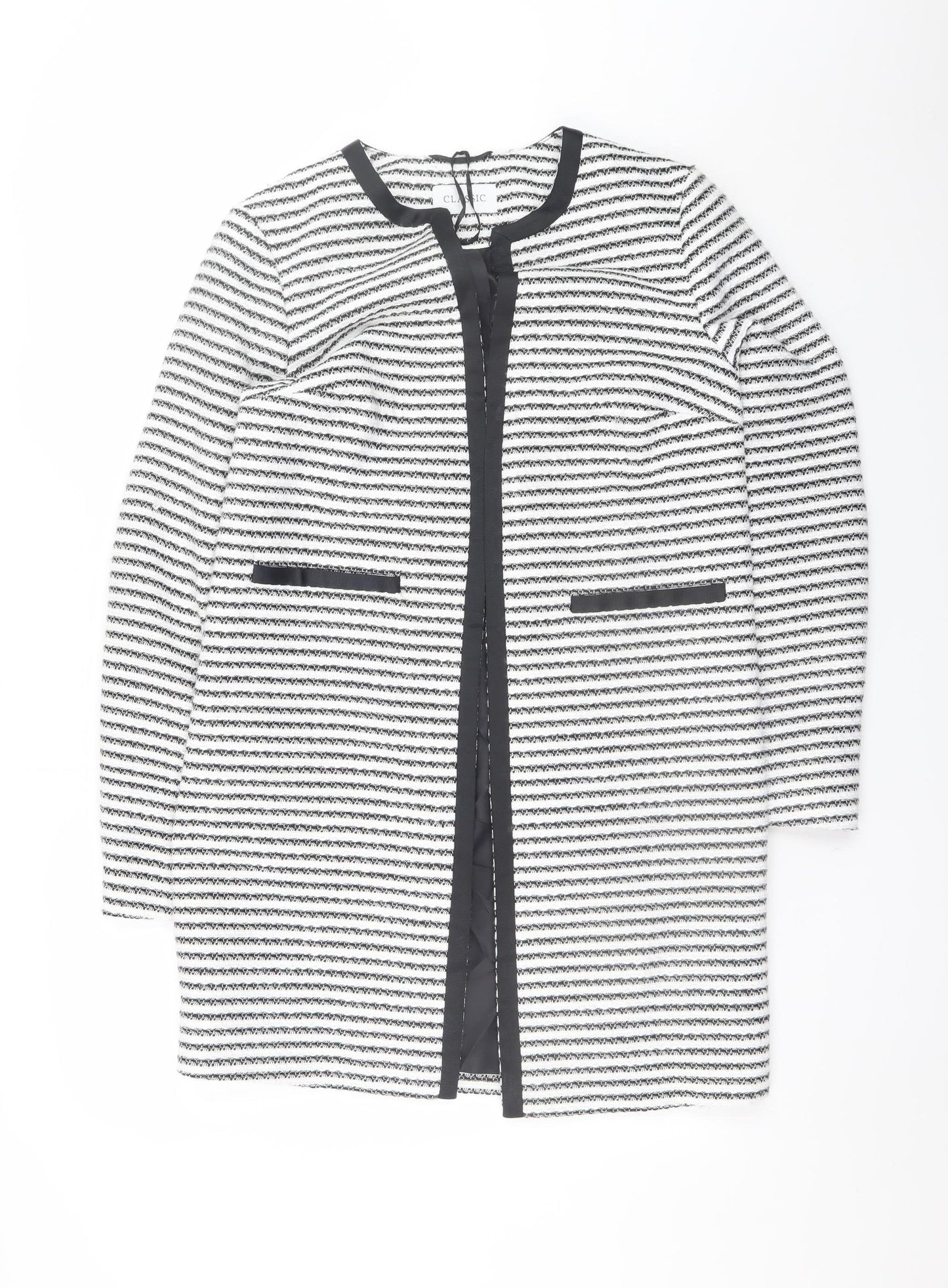 Marks and Spencer Women Black White Striped Mid-Length Coat Size 8