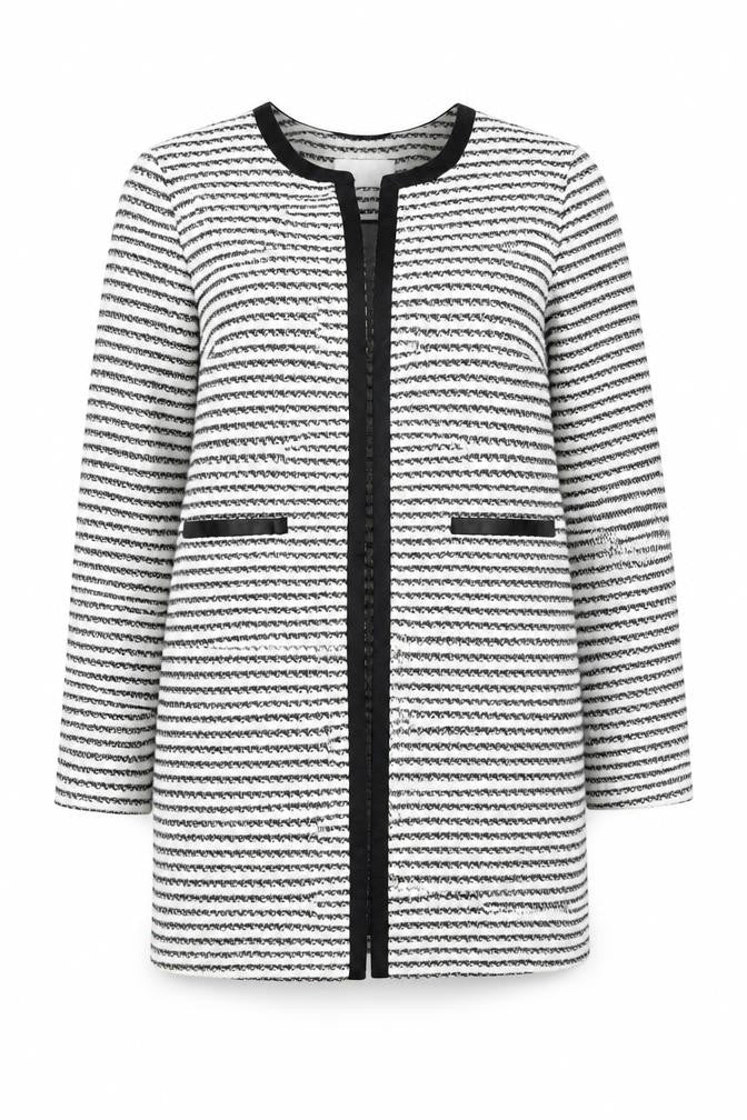 Front view of Marks & Spencer Women Black White Striped Mid-Length Coat, size 8