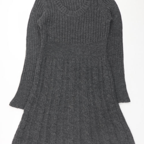 Next Women Grey Wool Blend Jumper Dress Size 12 Long Sleeve V-Neck Knit