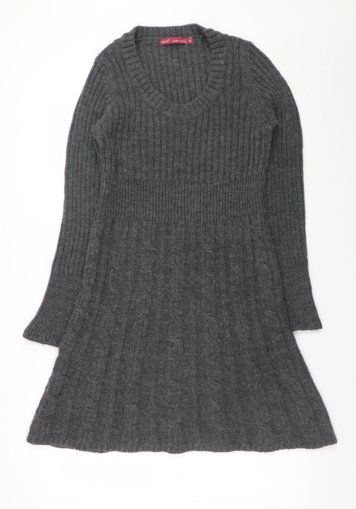 Next Women Grey Wool Blend Jumper Dress Size 12 Long Sleeve V-Neck Knit