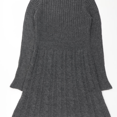 Next Women Grey Wool Blend Jumper Dress Size 12 Long Sleeve V-Neck Knit