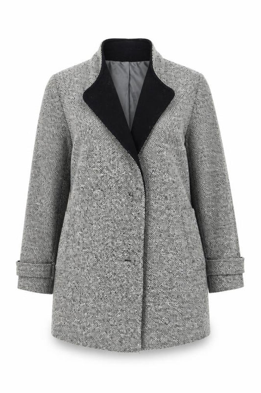 Front view of Kesta London Women's Grey Wool Blend Tweed Overcoat, size 14