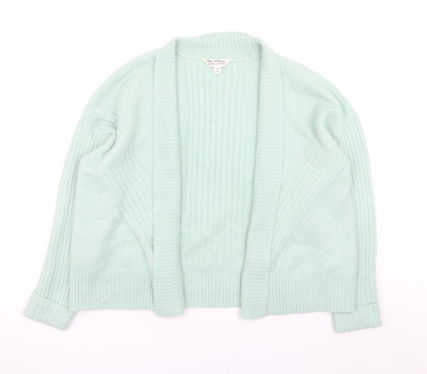 Miss Selfridge Women Green Ribbed Knit Cardigan Size M Open Front
