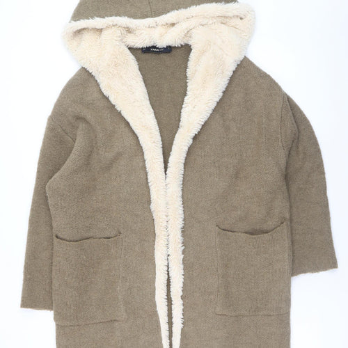Zara Women Brown Hooded Knit Cardigan Size 12 Faux Fur Trim