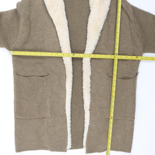 Zara Women Brown Hooded Knit Cardigan Size 12 Faux Fur Trim