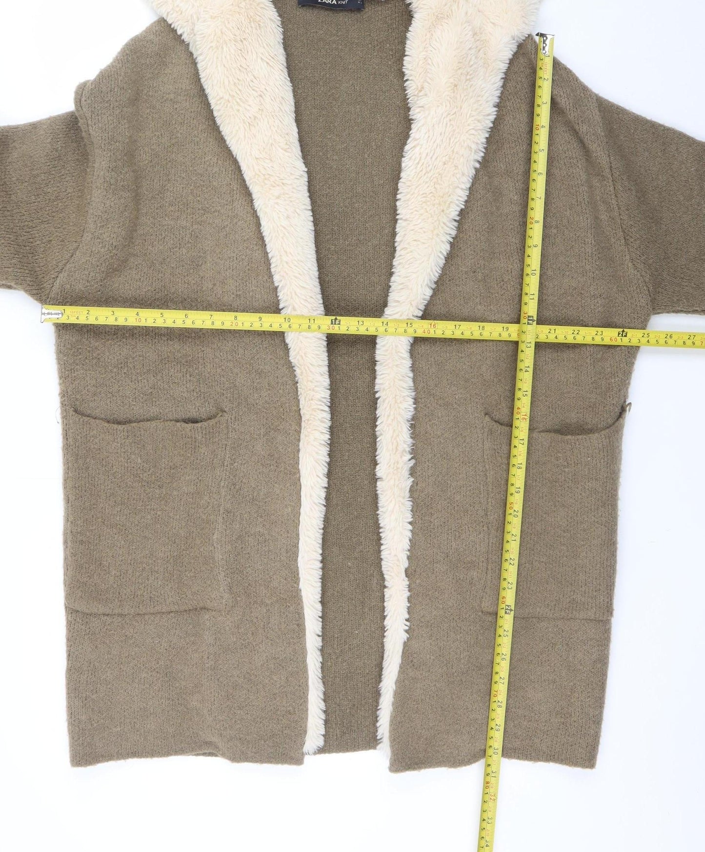 Zara Women Brown Hooded Knit Cardigan Size 12 Faux Fur Trim