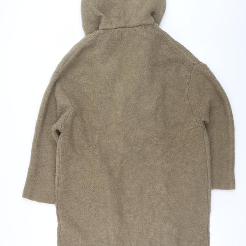 Zara Women Brown Hooded Knit Cardigan Size 12 Faux Fur Trim
