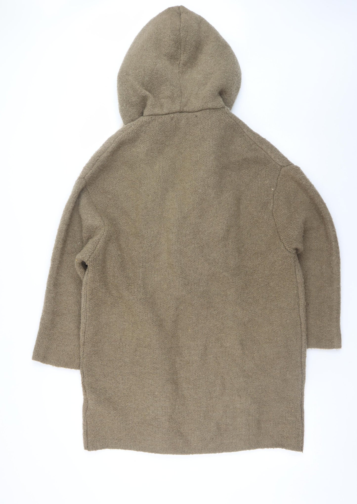 Zara Women Brown Hooded Knit Cardigan Size 12 Faux Fur Trim