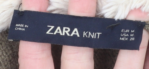 Zara Women Brown Hooded Knit Cardigan Size 12 Faux Fur Trim