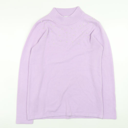 Damart Womens Purple Mock Neck Beaded Long Sleeve Pullover Jumper Size 10