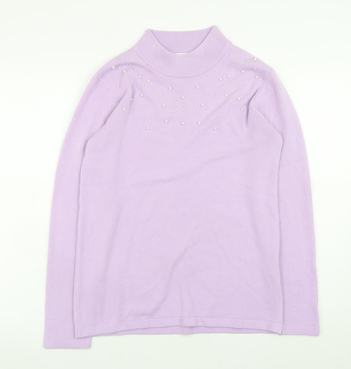 Damart Womens Purple Mock Neck Beaded Long Sleeve Pullover Jumper Size 10
