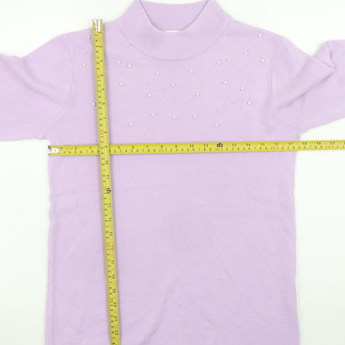 Damart Womens Purple Mock Neck Beaded Long Sleeve Pullover Jumper Size 10