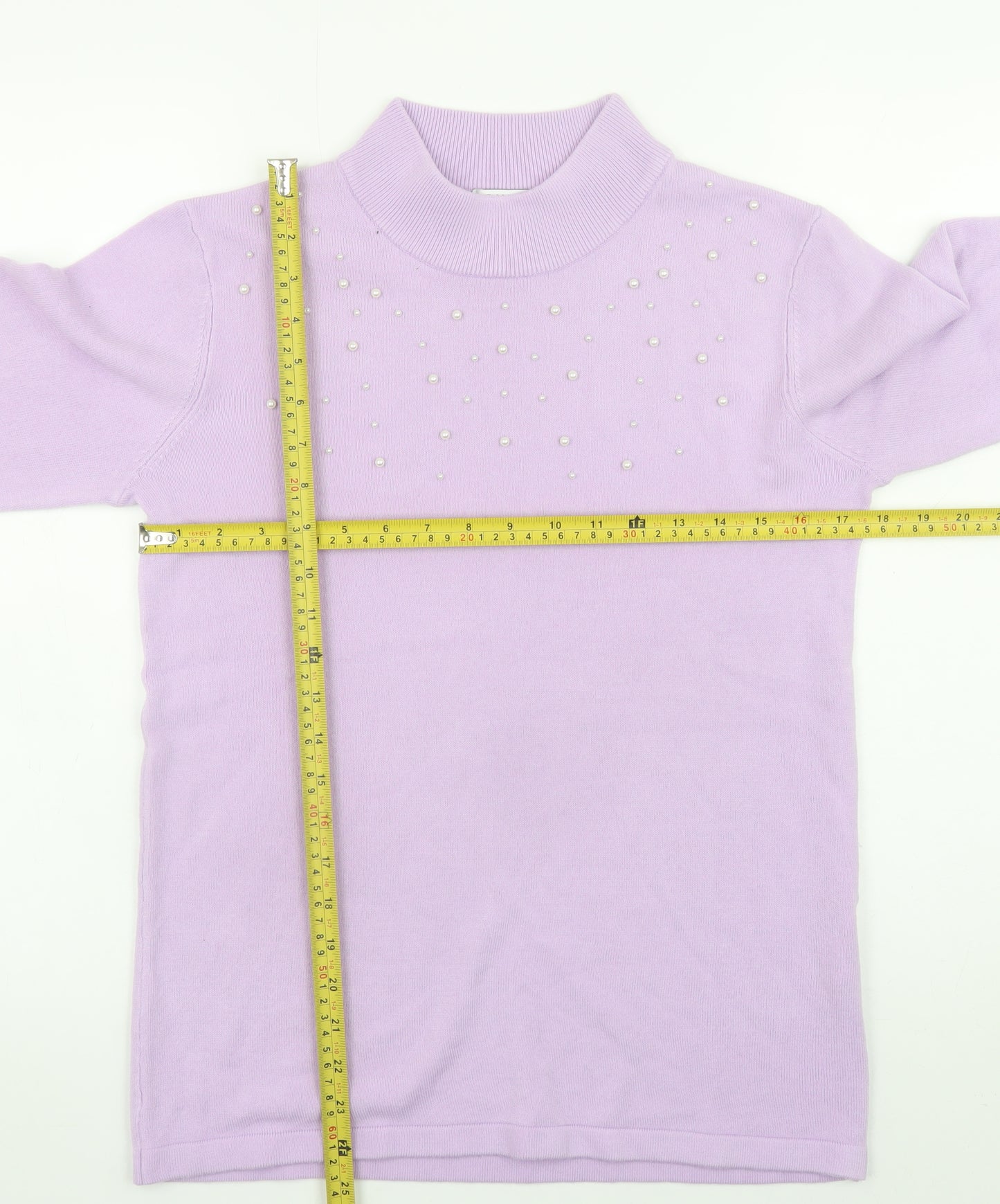 Damart Womens Purple Mock Neck Beaded Long Sleeve Pullover Jumper Size 10