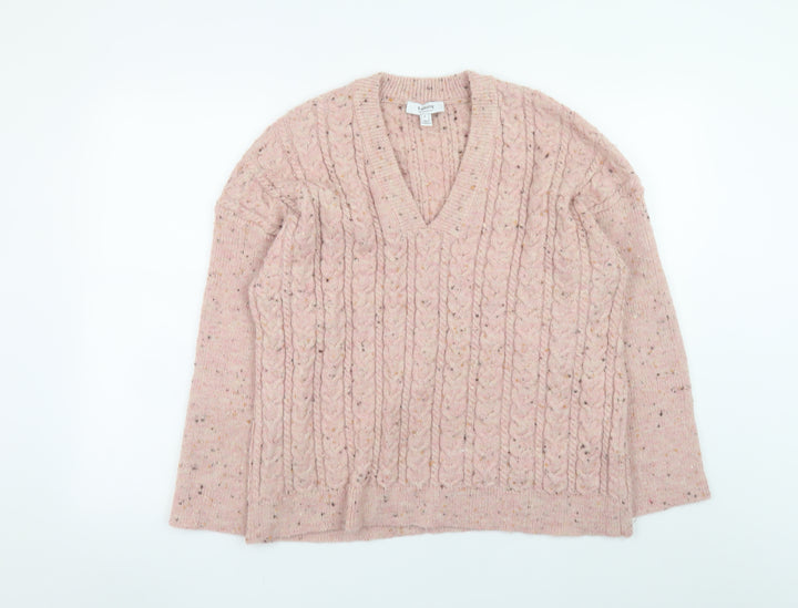 b.young Women’s Pink Cable-Knit Wool Blend V-Neck Jumper Size S