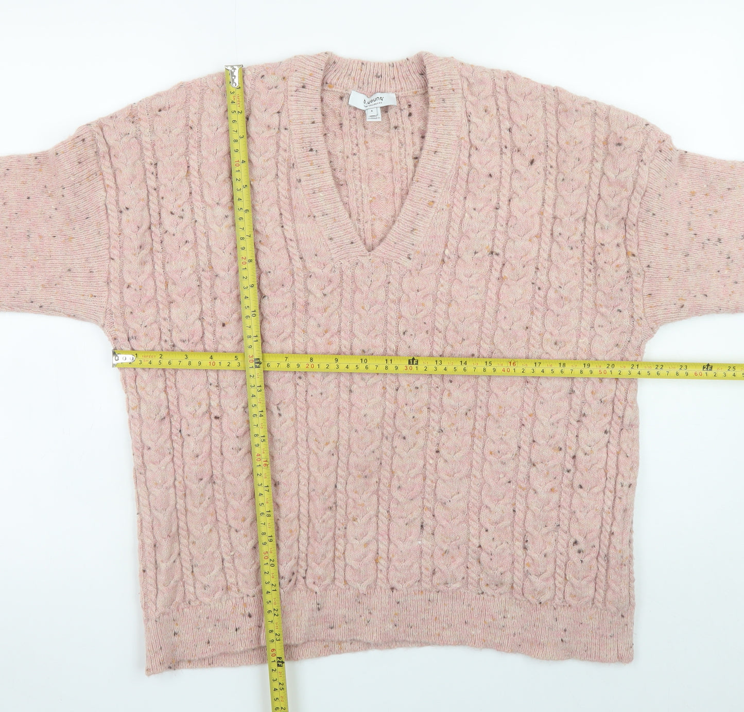 b.young Women’s Pink Cable-Knit Wool Blend V-Neck Jumper Size S