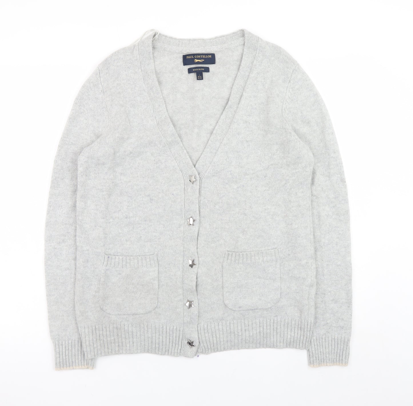 Paul Costelloe Women’s Grey Wool Blend Cardigan Size 14 V-Neck Knit