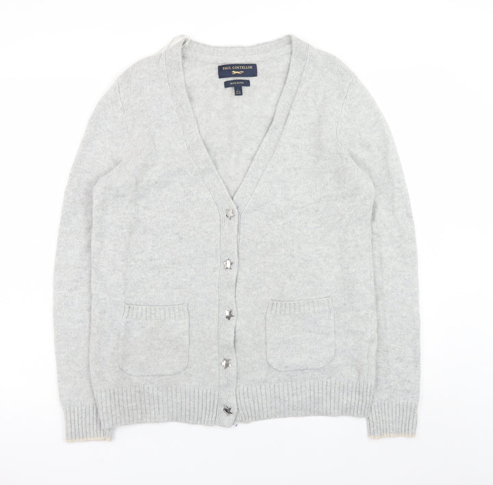 Paul Costelloe Women’s Grey Wool Blend Cardigan Size 14 V-Neck Knit