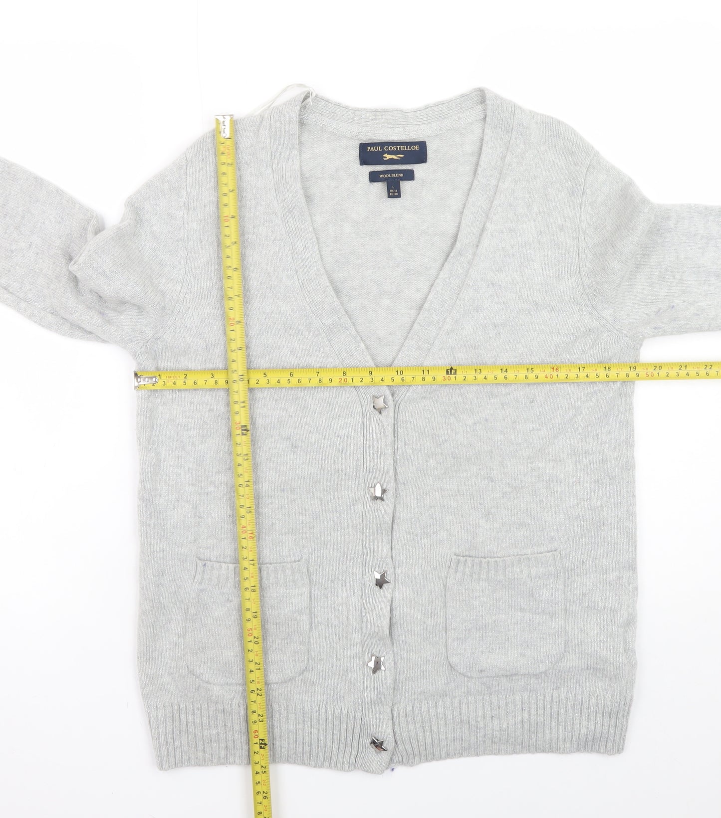 Paul Costelloe Women’s Grey Wool Blend Cardigan Size 14 V-Neck Knit