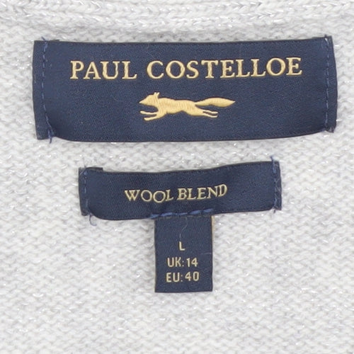 Paul Costelloe Women’s Grey Wool Blend Cardigan Size 14 V-Neck Knit