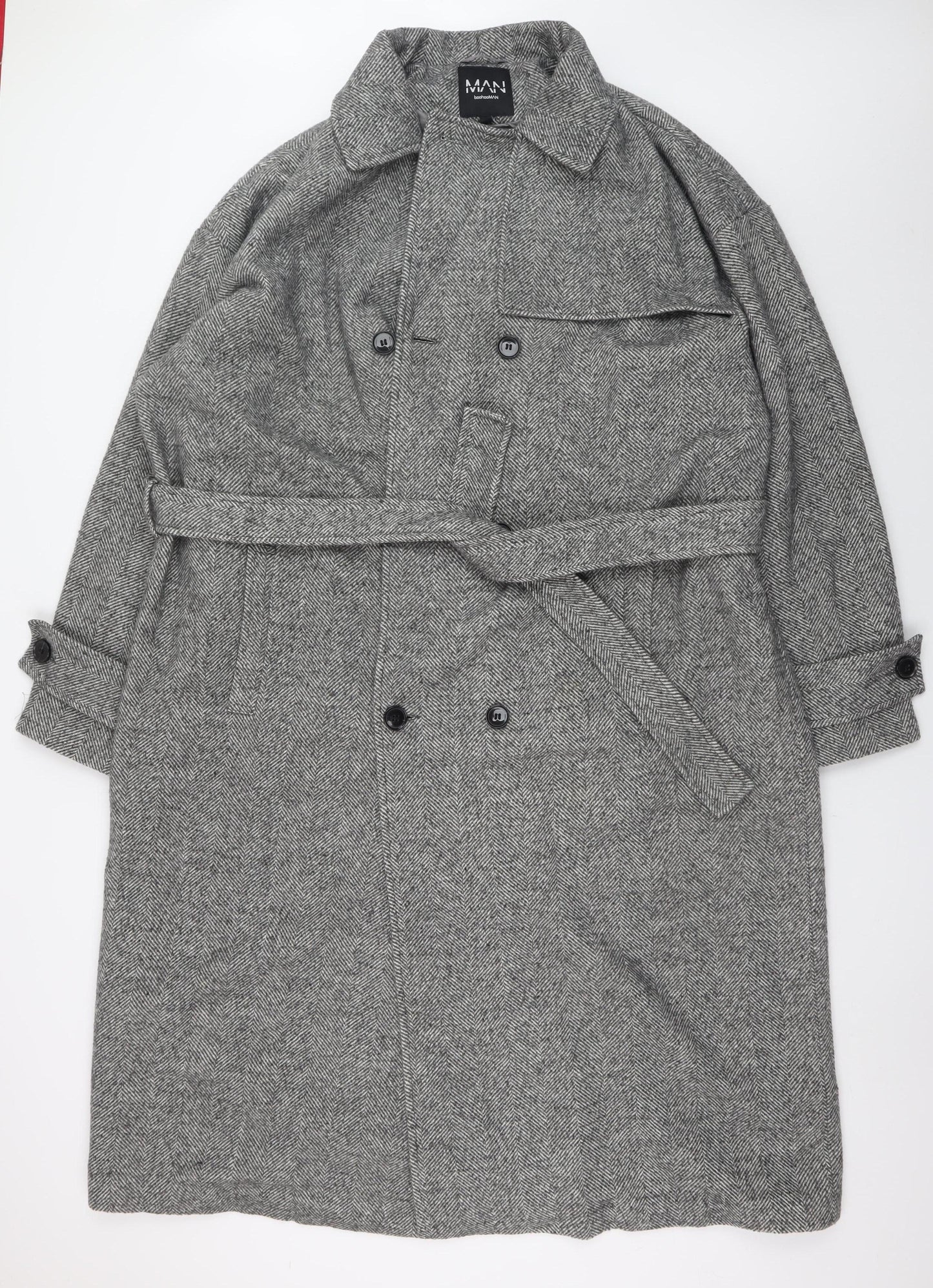 boohooMAN Men's Grey Herringbone Wool Blend Trench Coat 3XL