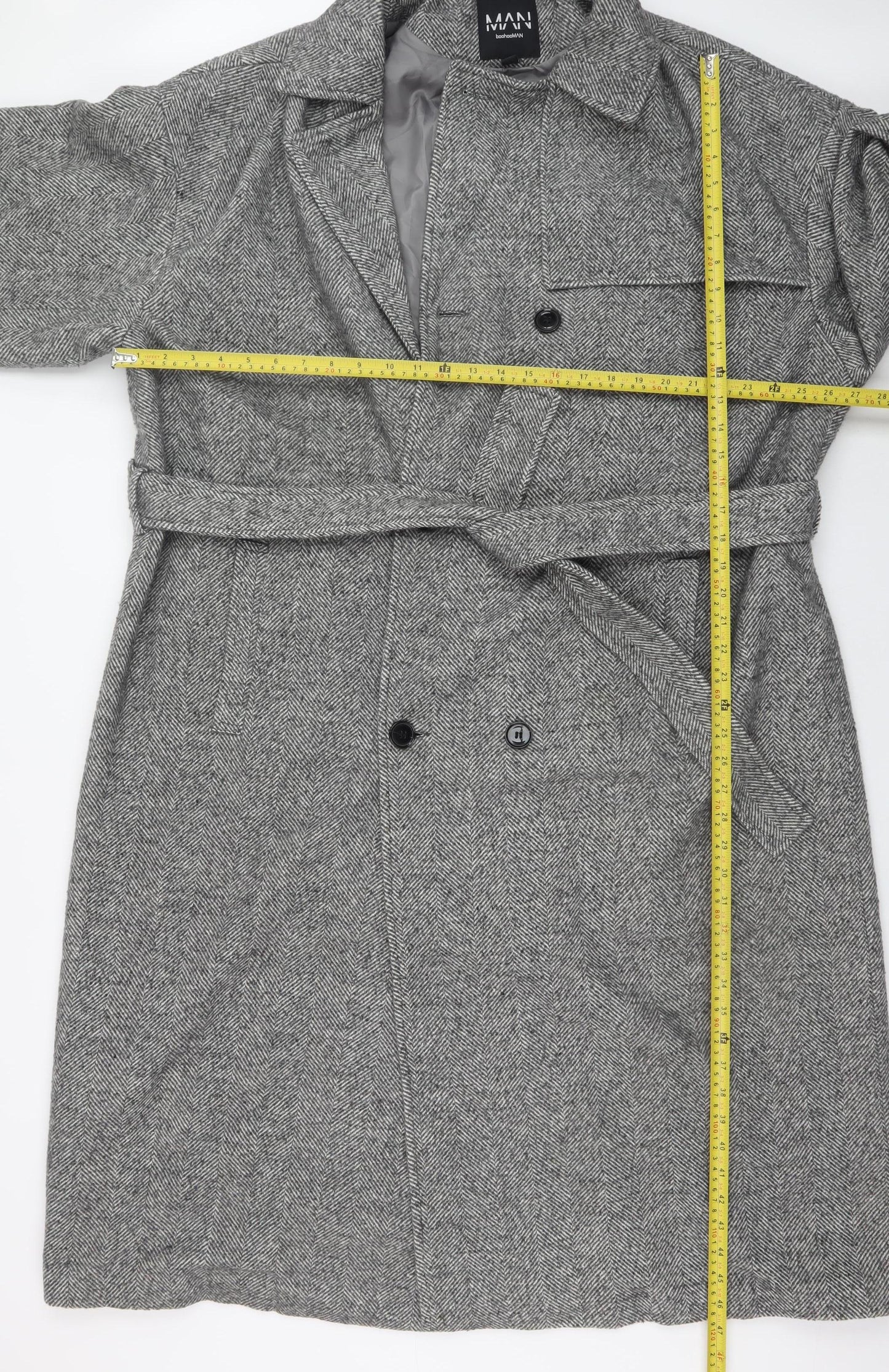 boohooMAN Men's Grey Herringbone Wool Blend Trench Coat 3XL