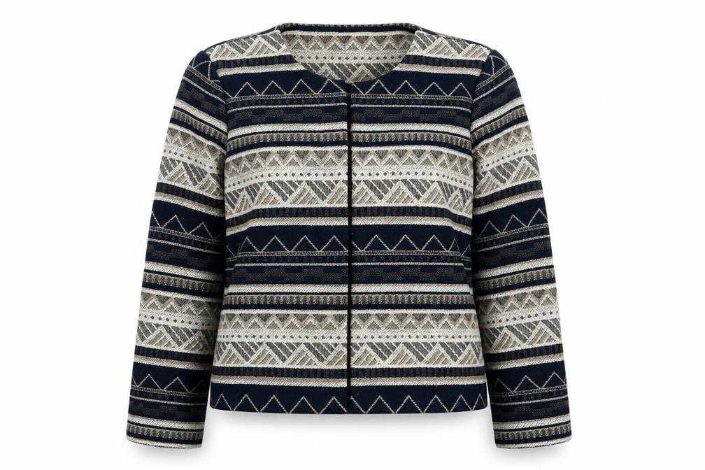 Front view of Bonmarché Women Blue Geometric Patterned Jacket, size 14
