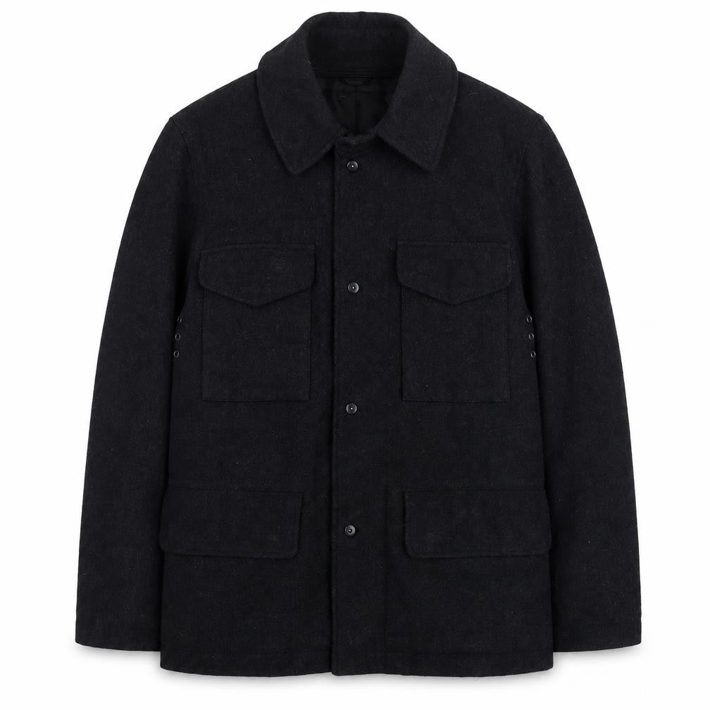 Front view of Cignal Men Black Wool Button Overcoat Jacket Medium Classic Style
