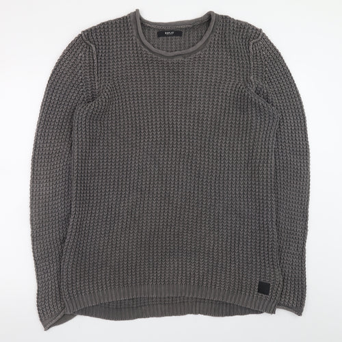 Replay Men's Grey Chunky Knit Crew Neck Cotton Jumper Size L