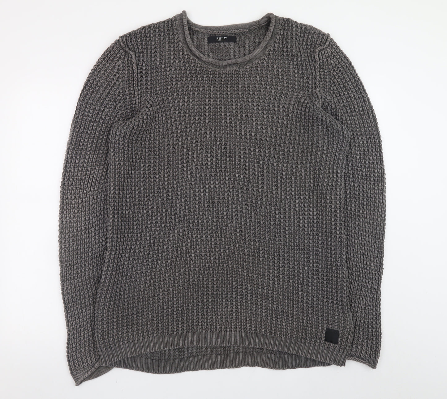 Replay Men's Grey Chunky Knit Crew Neck Cotton Jumper Size L