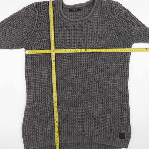 Replay Men's Grey Chunky Knit Crew Neck Cotton Jumper Size L