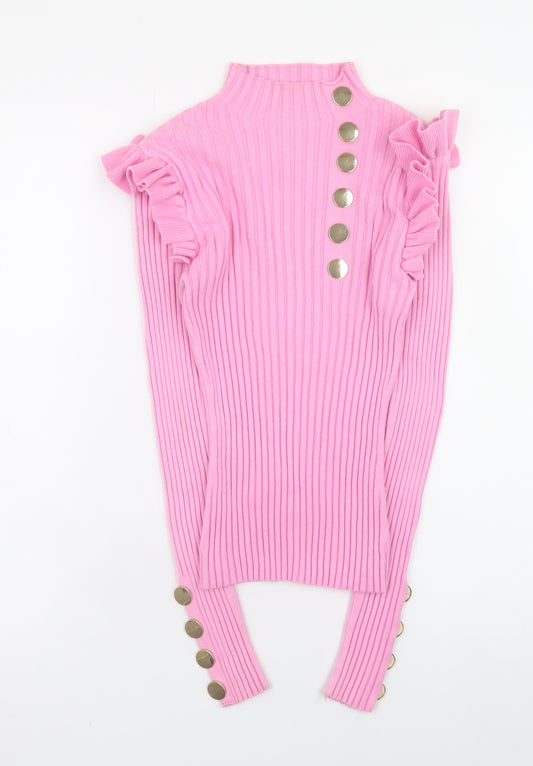 Moocci Paris Women Pink Ribbed Ruffle Button Mock Neck Jumper S/M