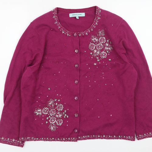 Dickins & Jones Women’s Purple Beaded Floral Cardigan L Cotton Cashmere