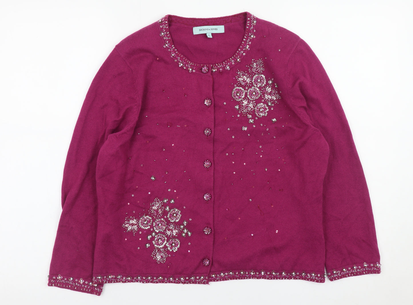 Dickins & Jones Women’s Purple Beaded Floral Cardigan L Cotton Cashmere